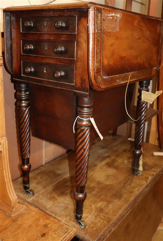 A Regency cut brass inlaid mahogany drop leaf work table (a.f.) W.53cm